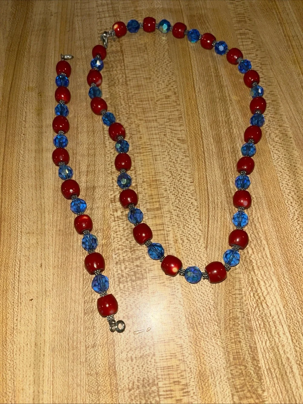 Red and Blue Beaded Necklace and Bracelet Set - Unbranded